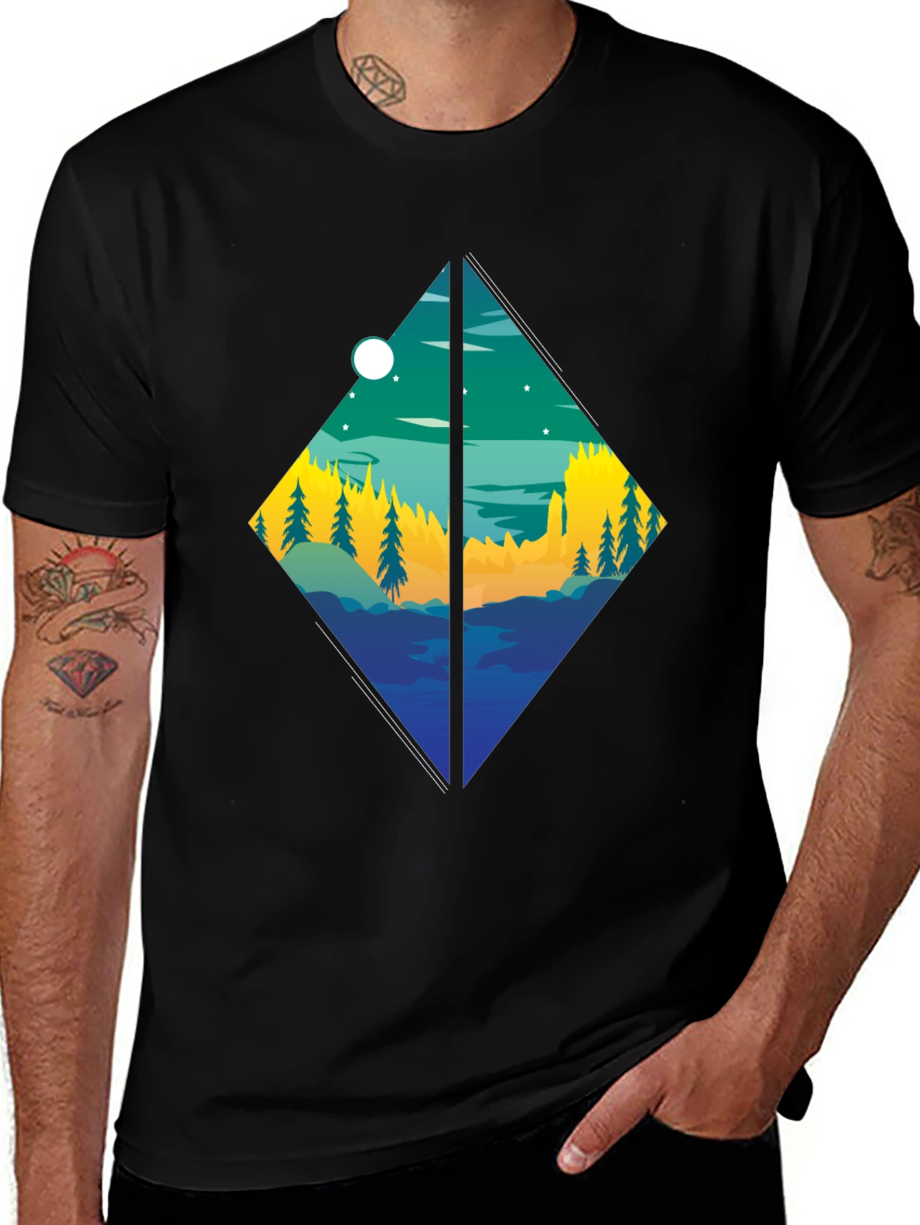 Diamond Landscape Graphic Tee - Stylish Black T-Shirt