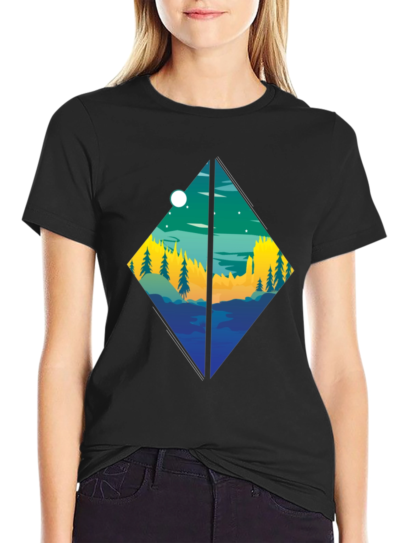 Diamond Landscape Graphic Tee - Stylish Black T-Shirt
