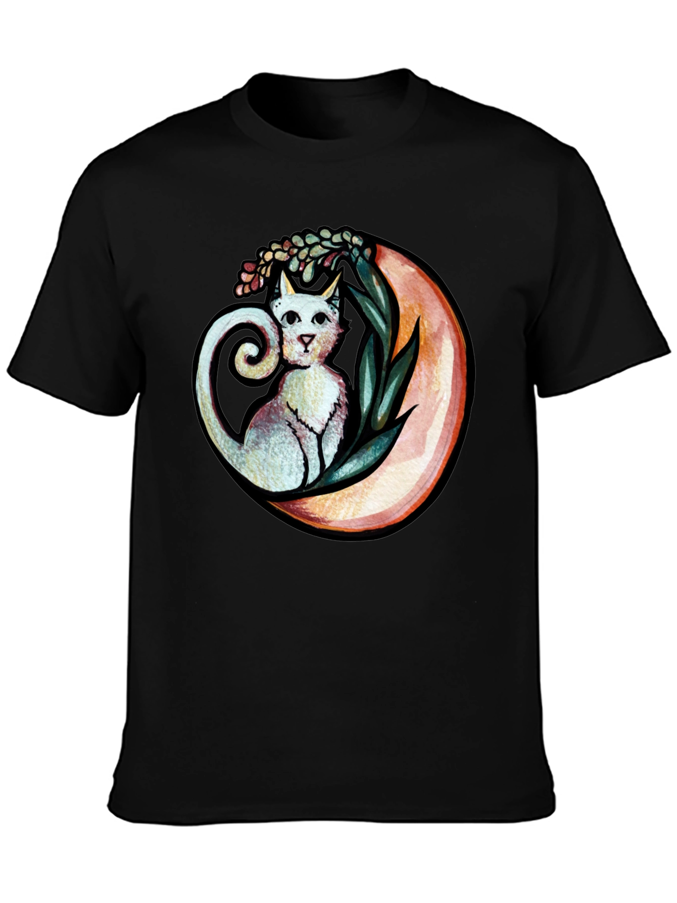 Cat on Moon Graphic Tee - Whimsical Black T-Shirt