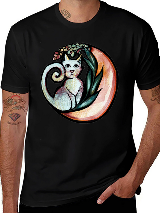 Cat on Moon Graphic Tee - Whimsical Black T-Shirt