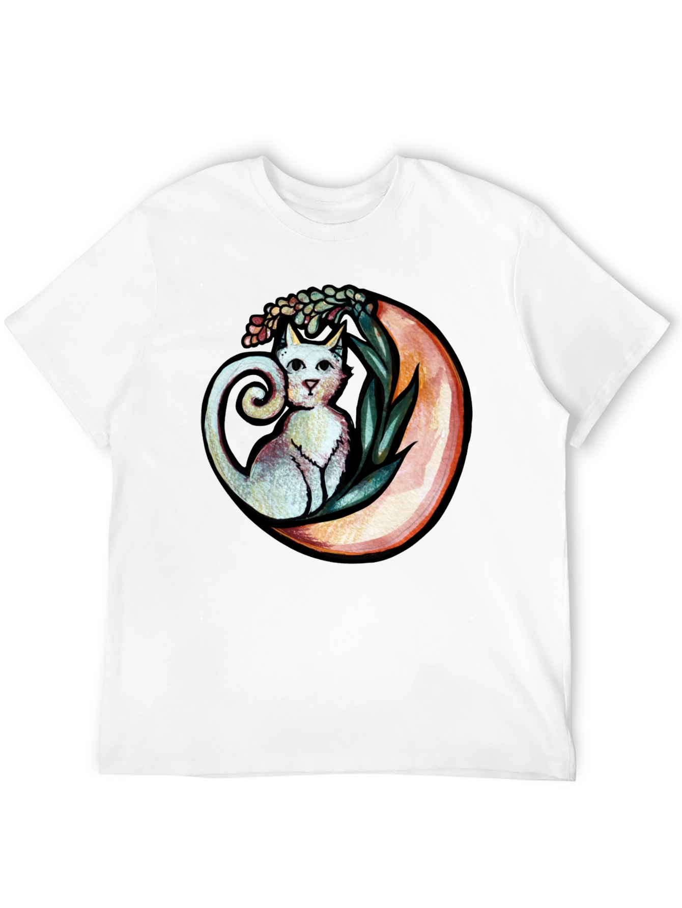 Cat on Moon Graphic Tee - Whimsical Black T-Shirt