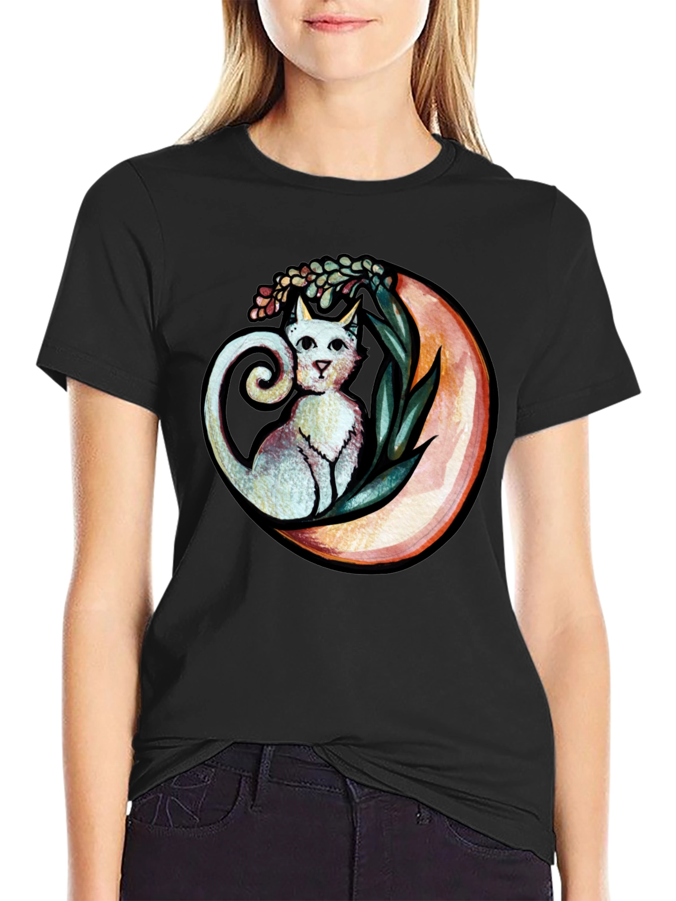 Cat on Moon Graphic Tee - Whimsical Black T-Shirt