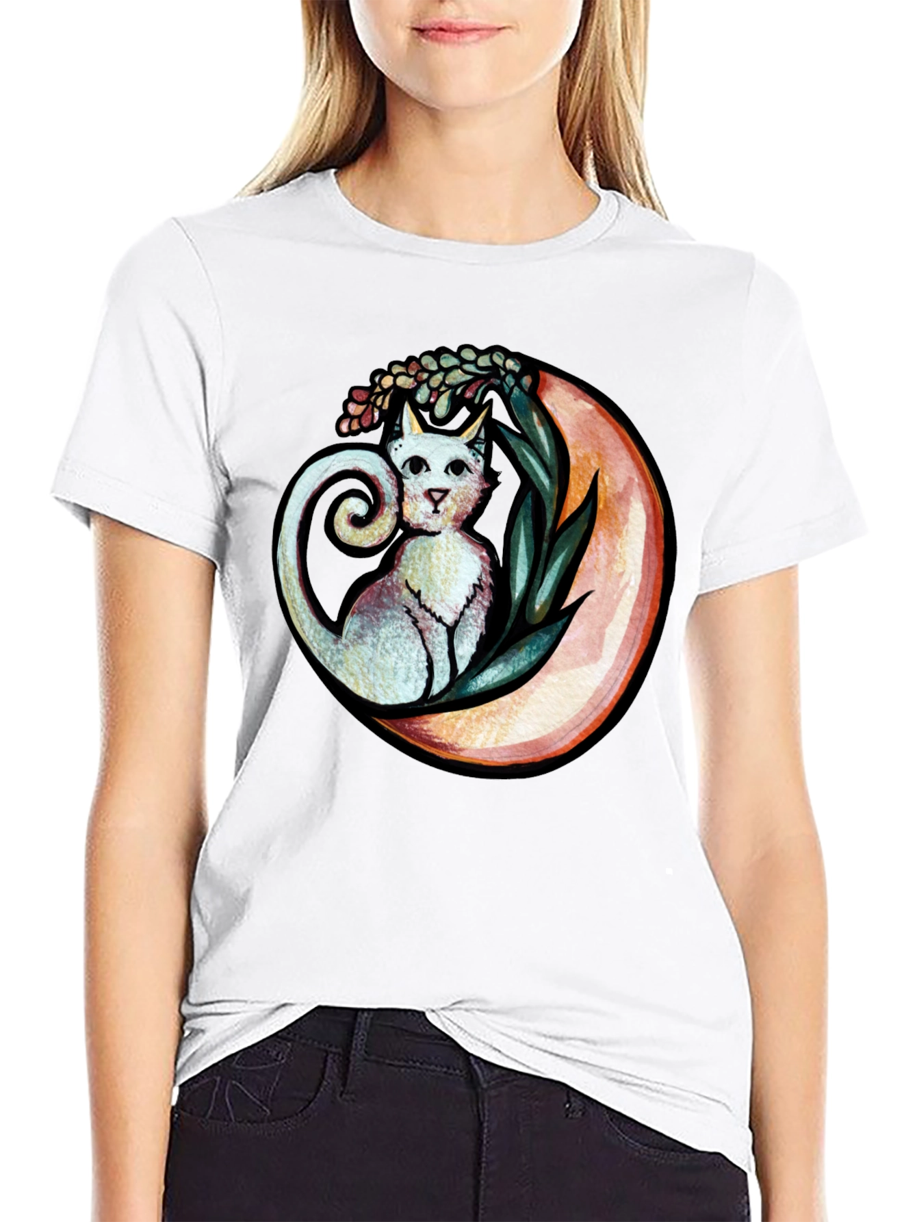 Cat on Moon Graphic Tee - Whimsical Black T-Shirt