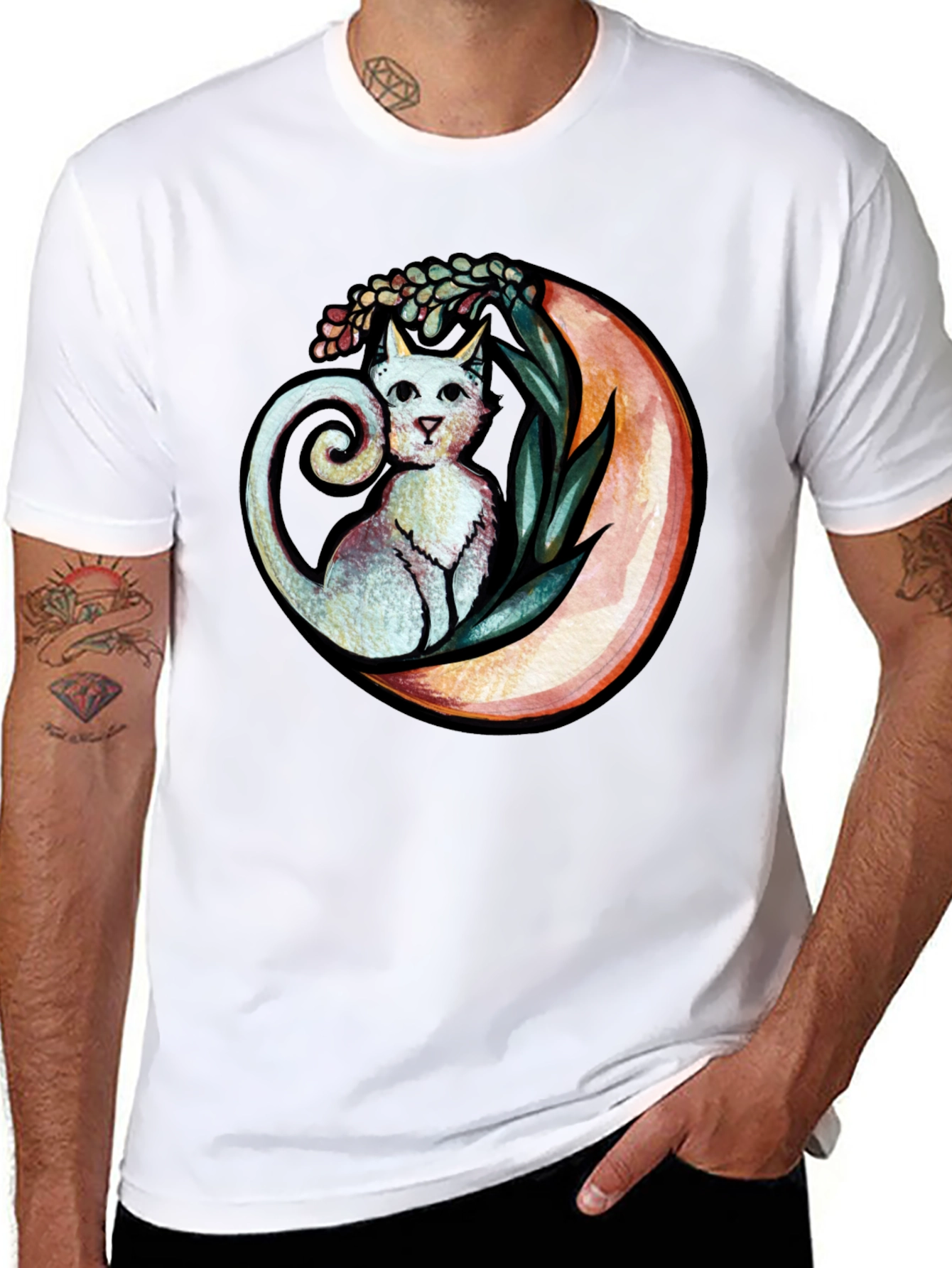 Cat on Moon Graphic Tee - Whimsical Black T-Shirt