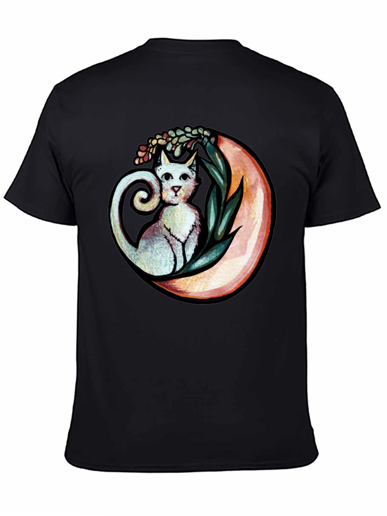 Cat on Moon Graphic Tee - Whimsical Black T-Shirt