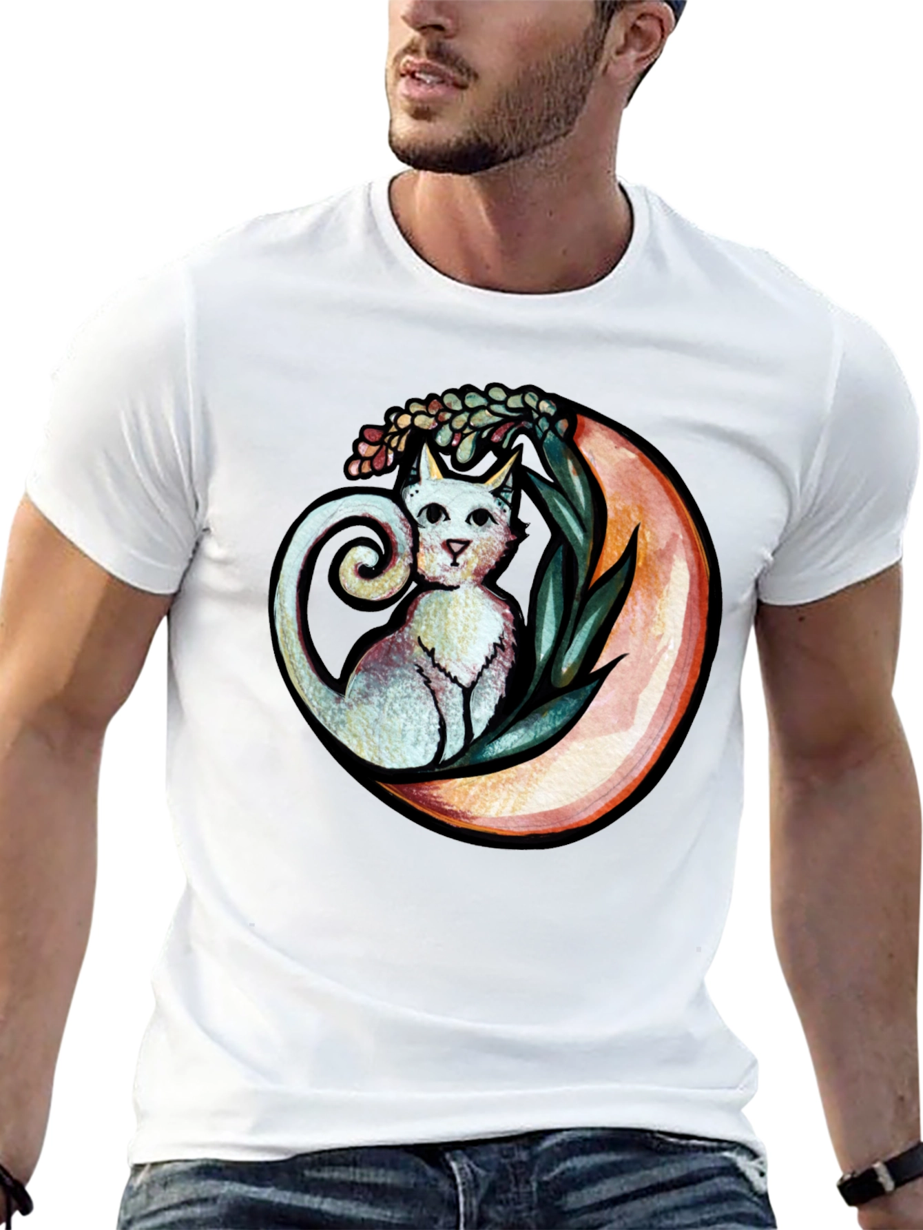 Cat on Moon Graphic Tee - Whimsical Black T-Shirt
