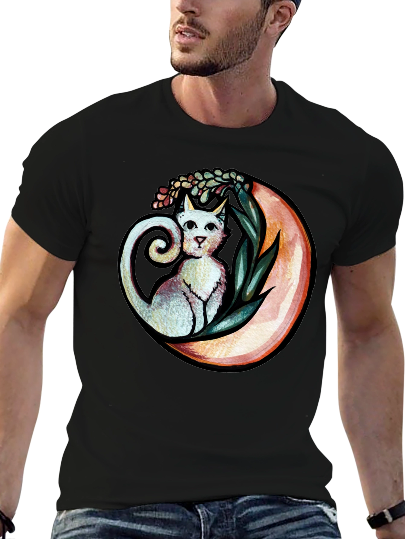 Cat on Moon Graphic Tee - Whimsical Black T-Shirt