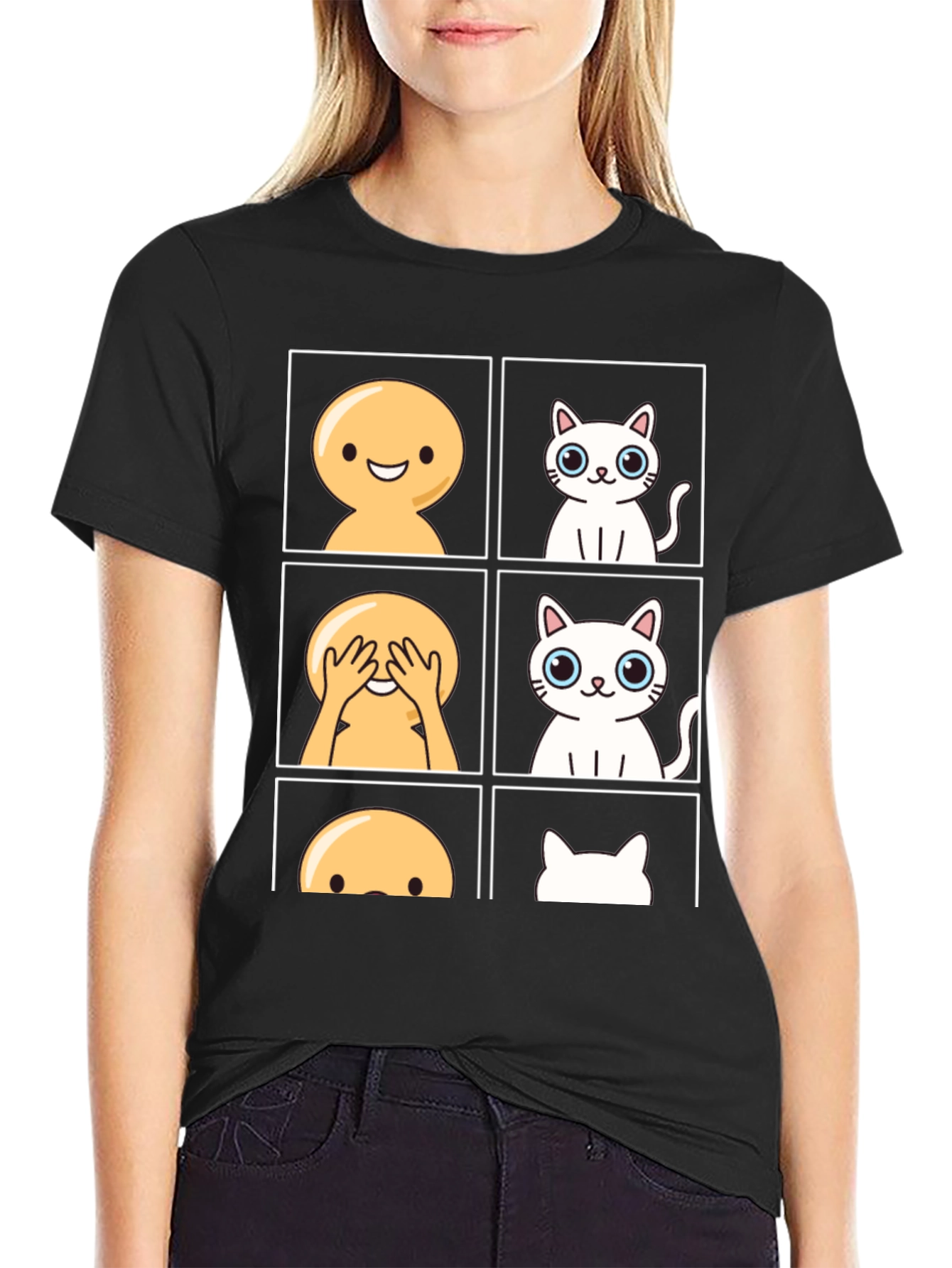 Emoji Peek-a-Boo Cat Graphic Tee - Black