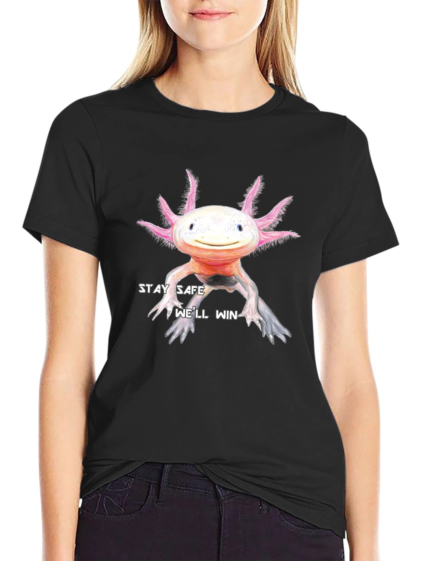 Stay Safe Axolotl T-Shirt - Black Cotton