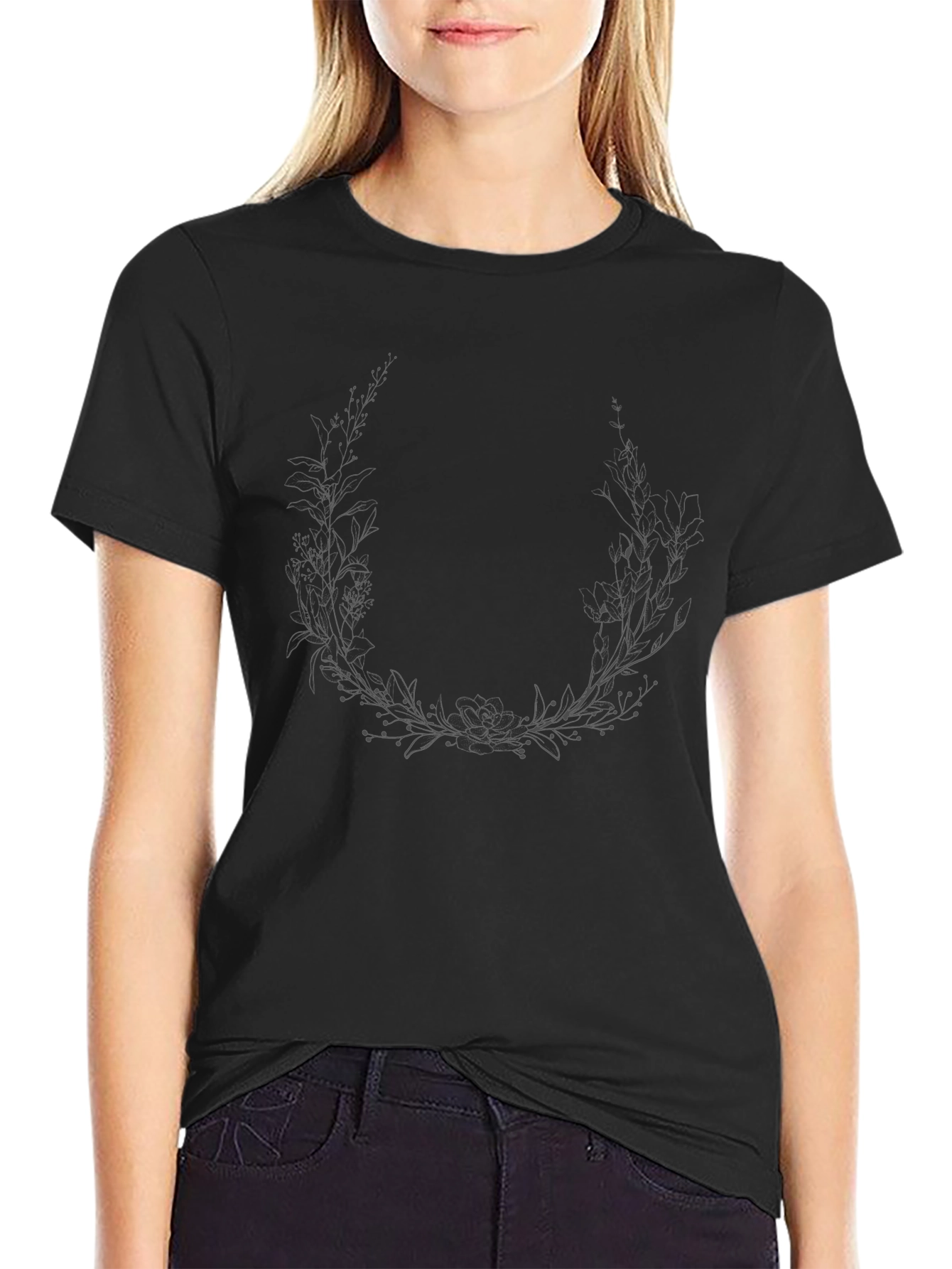 Botanical Wreath Graphic Tee - Classic Black T-Shirt
