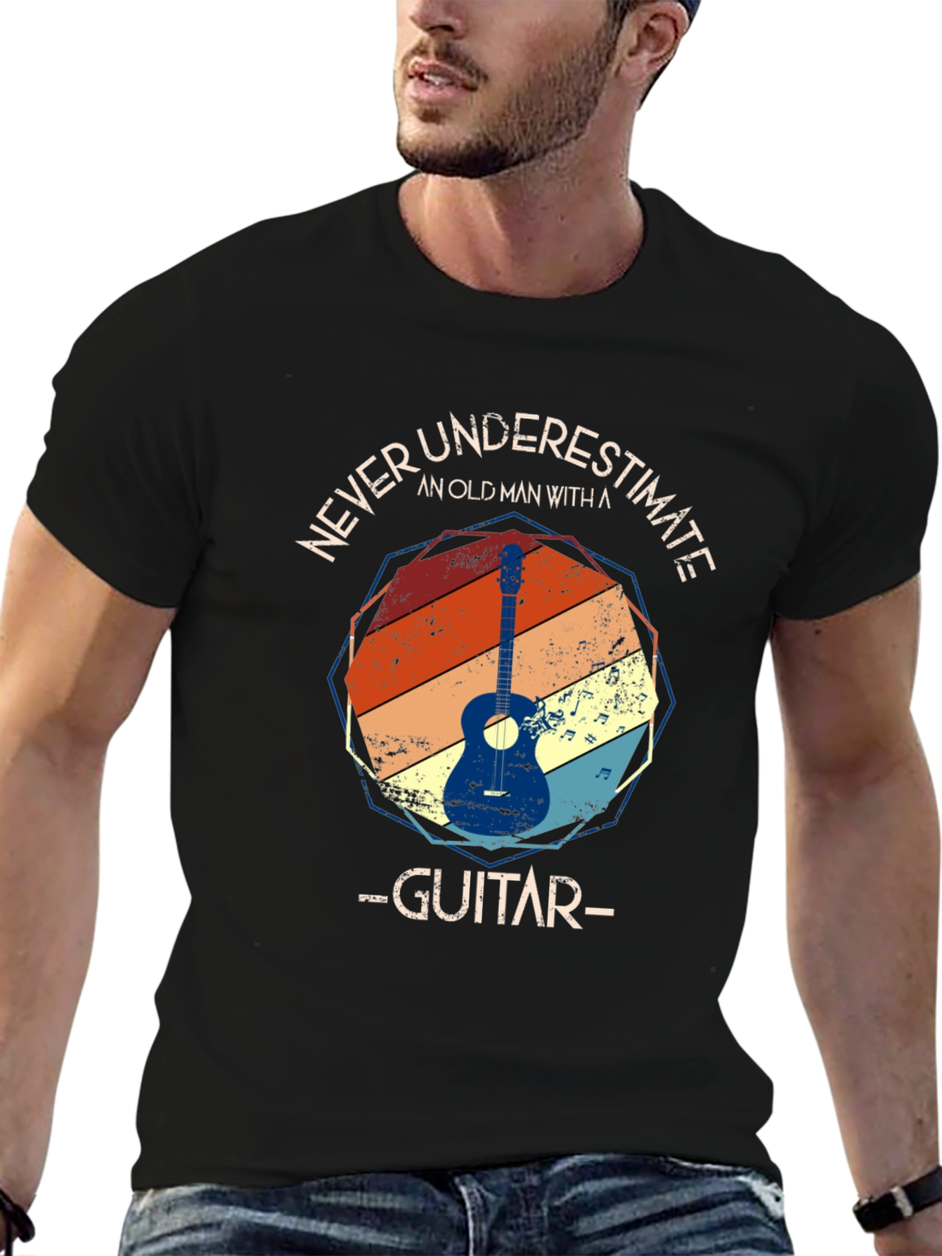Never Underestimate Old Man with Guitar T-Shirt