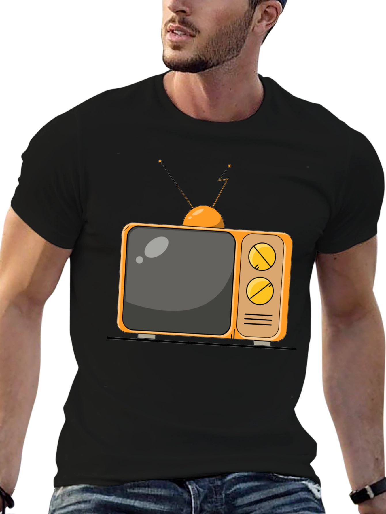 Retro TV Graphic Tee - Black Cotton Blend T-Shirt