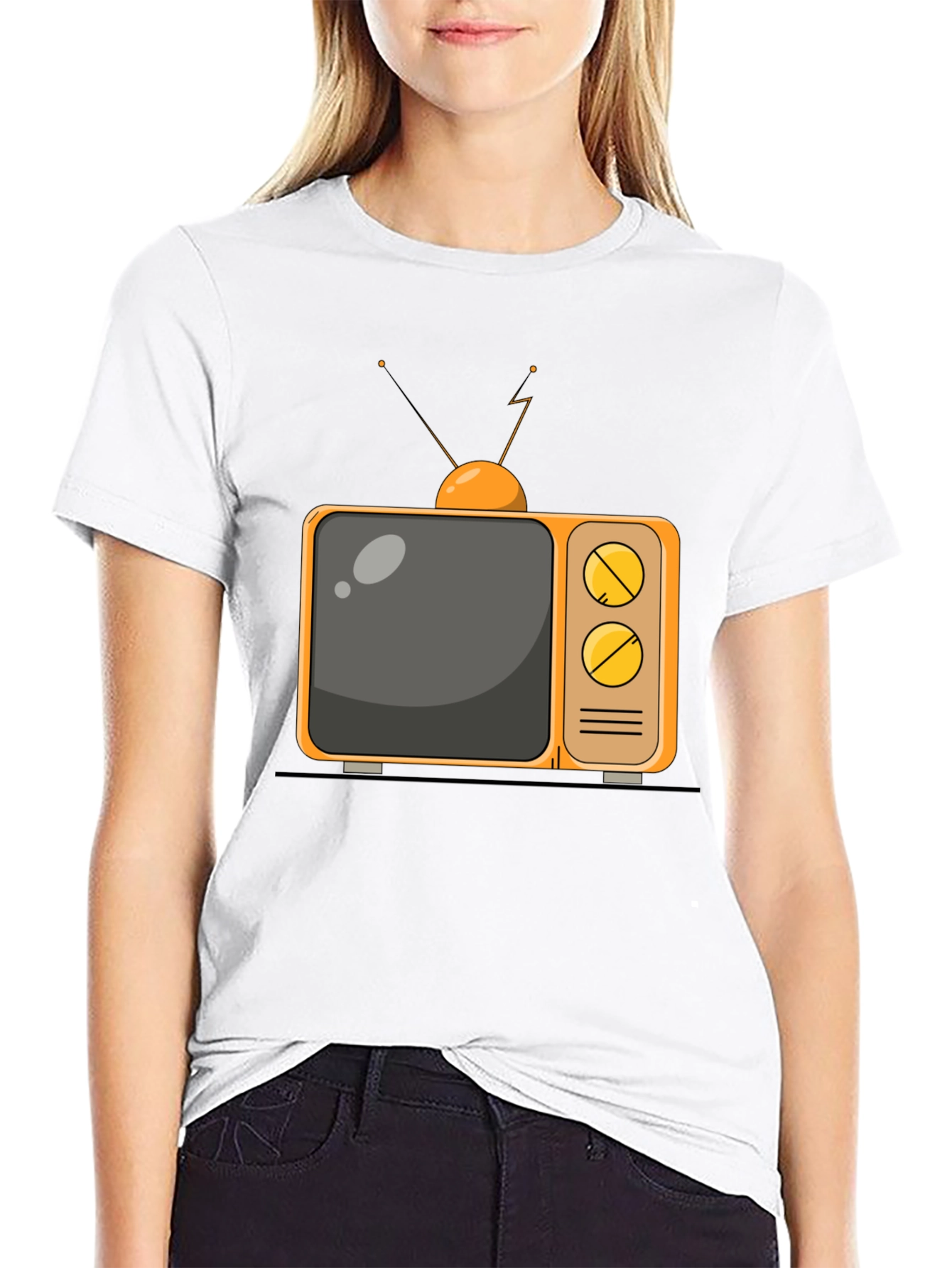 Retro TV Graphic Tee - Black Cotton Blend T-Shirt