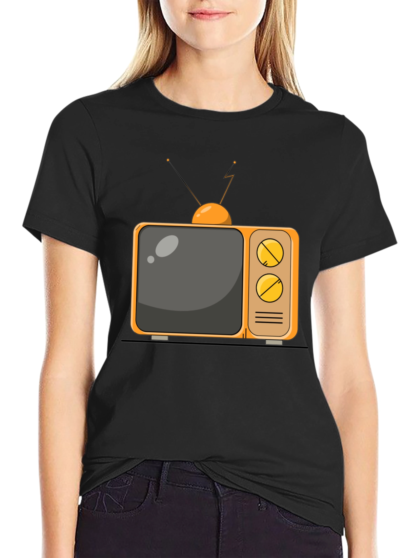 Retro TV Graphic Tee - Black Cotton Blend T-Shirt