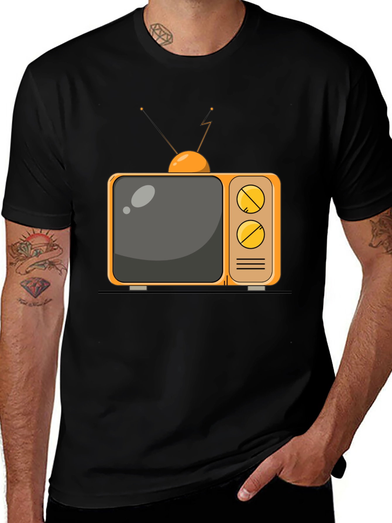 Retro TV Graphic Tee - Black Cotton Blend T-Shirt