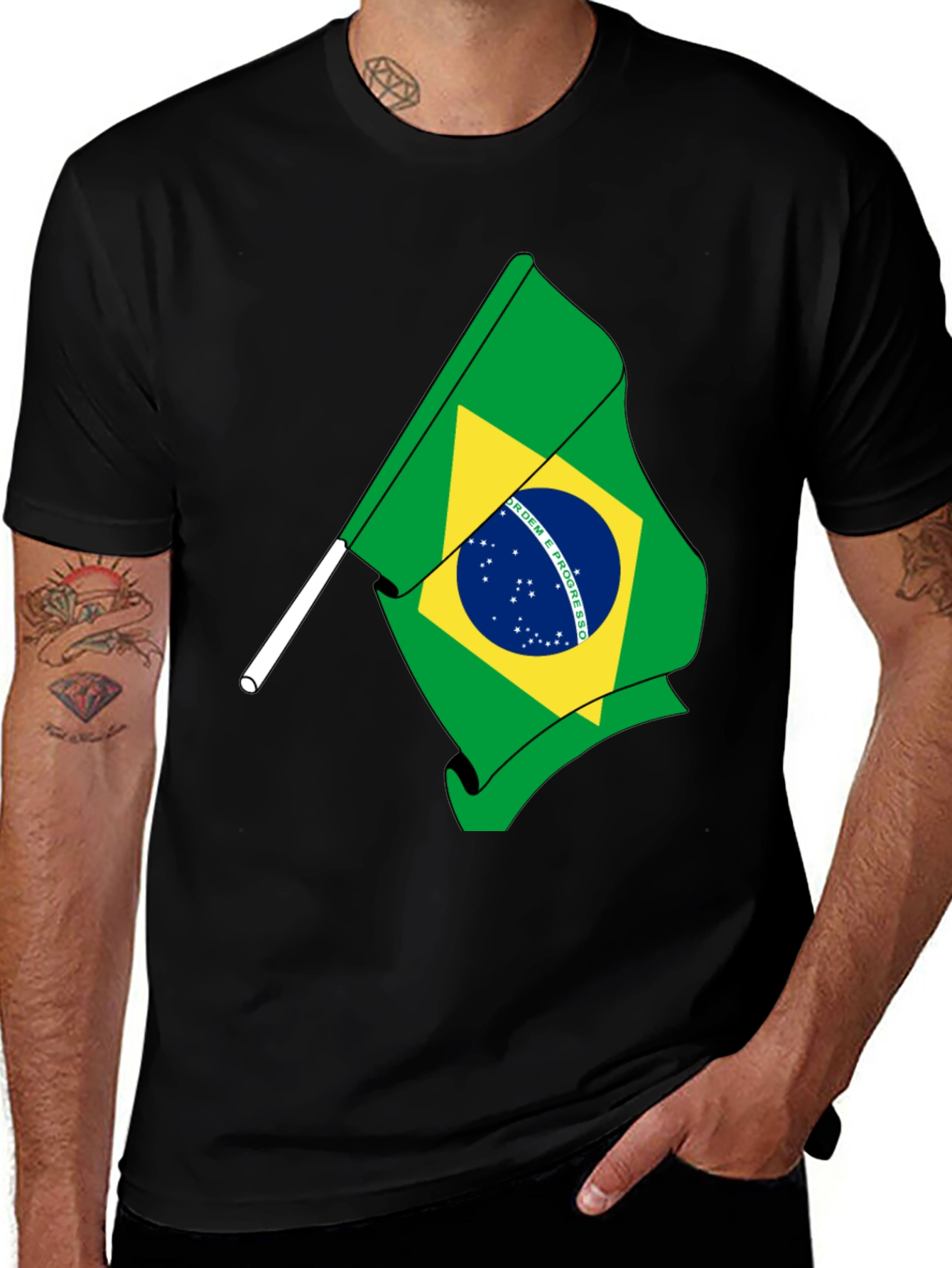 Brazil Flag Graphic Tee - Black Cotton T-Shirt