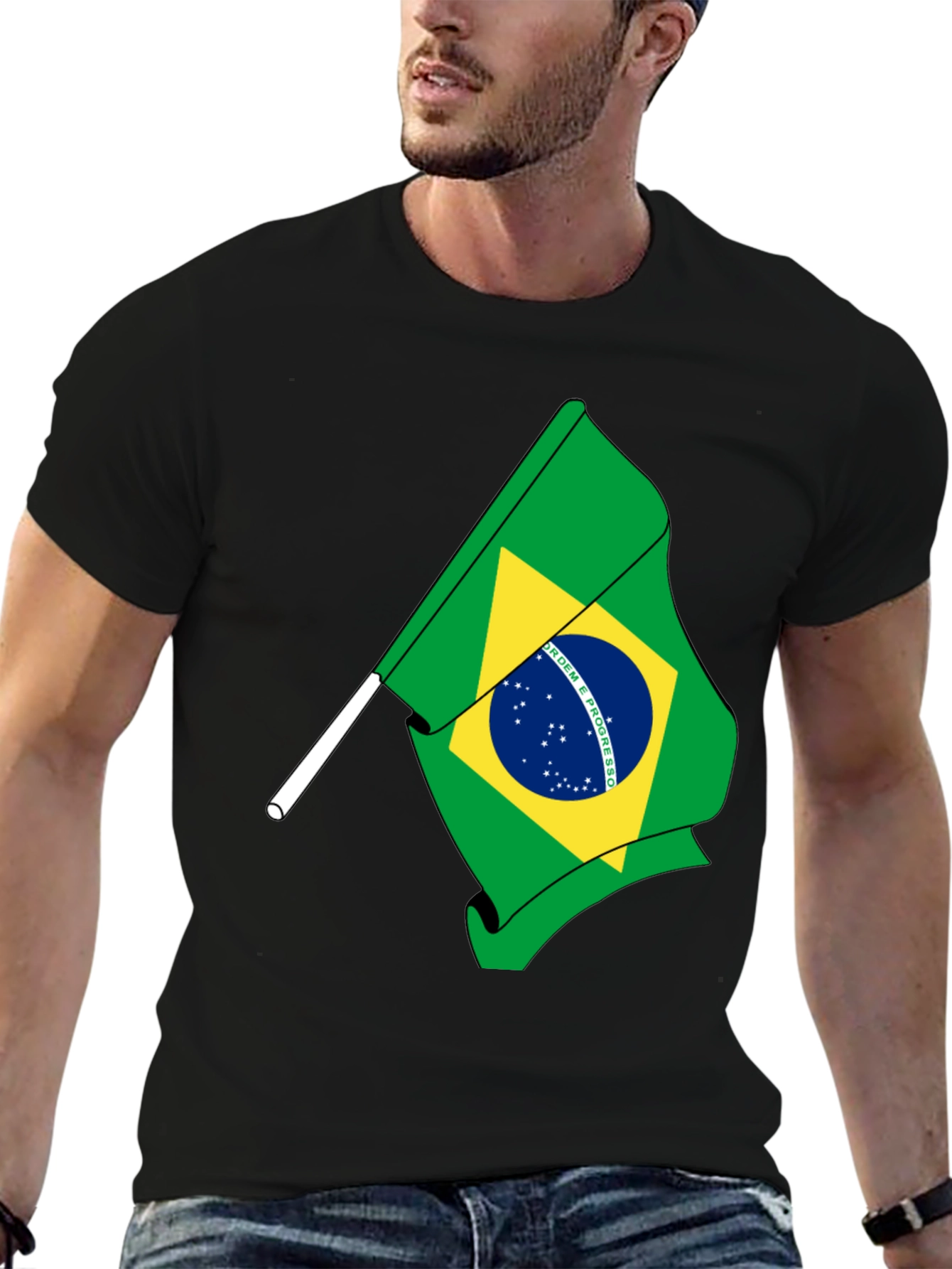 Brazil Flag Graphic Tee - Black Cotton T-Shirt