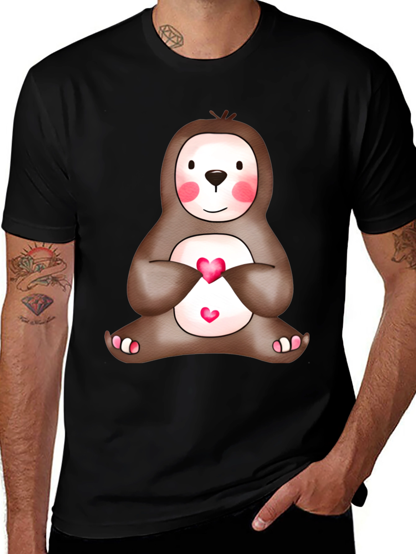 Cute Sloth Heart T-Shirt - Mens Black Tee