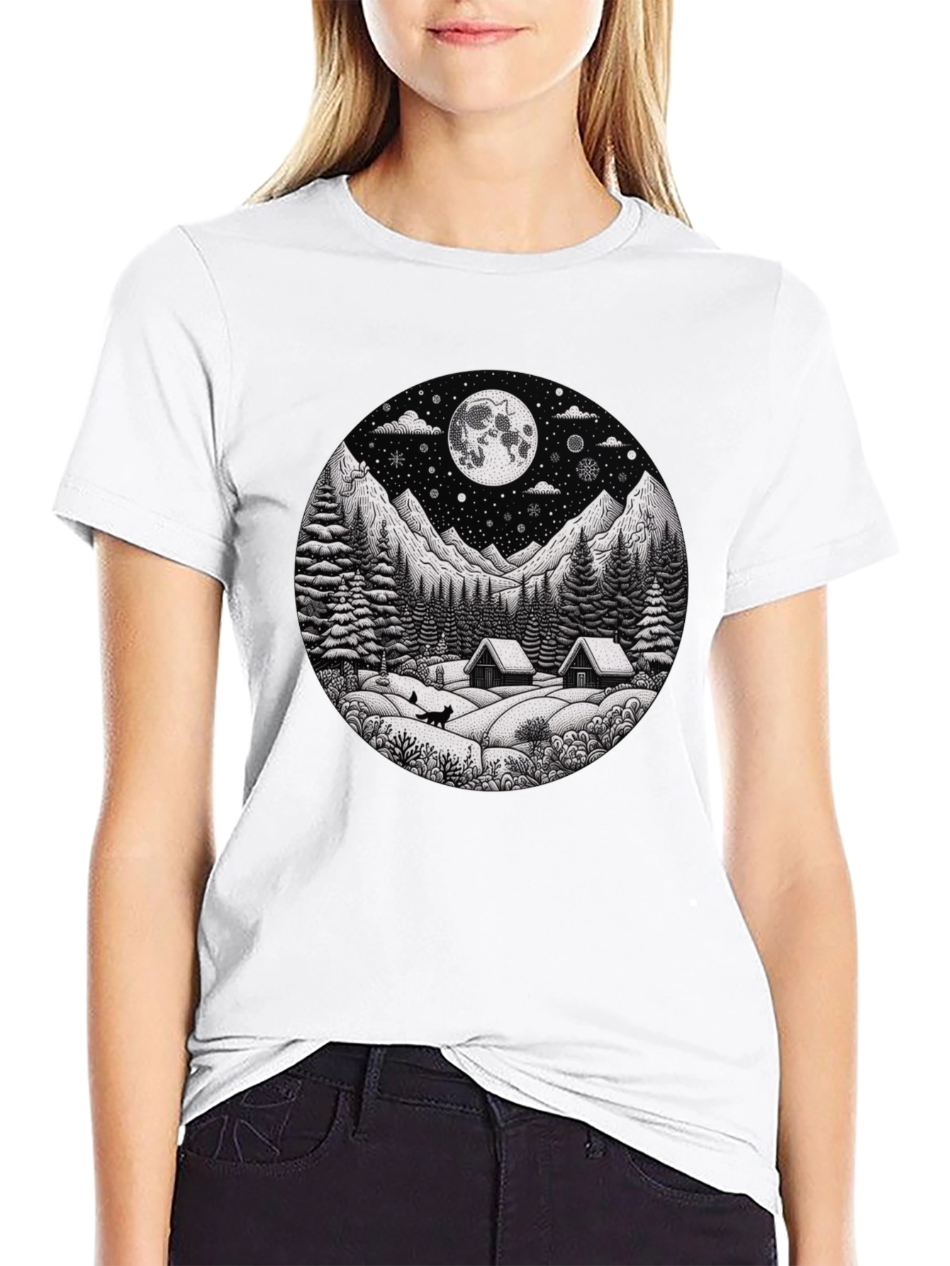 Winter Cabin Moon Graphic T-Shirt