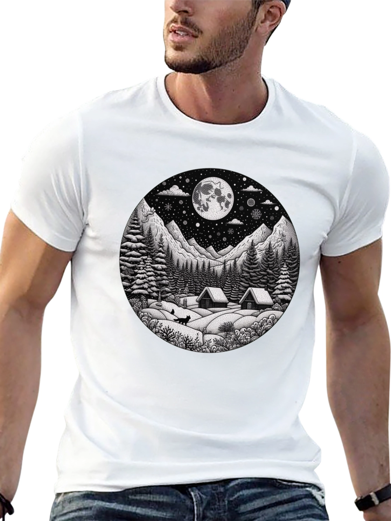 Winter Cabin Moon Graphic T-Shirt