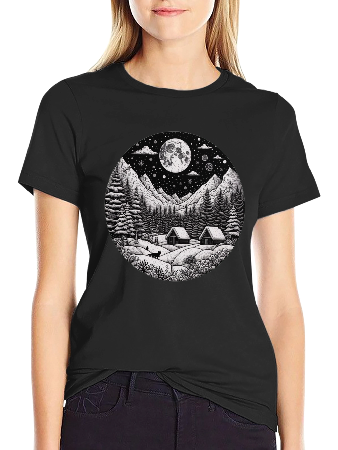 Winter Cabin Moon Graphic T-Shirt