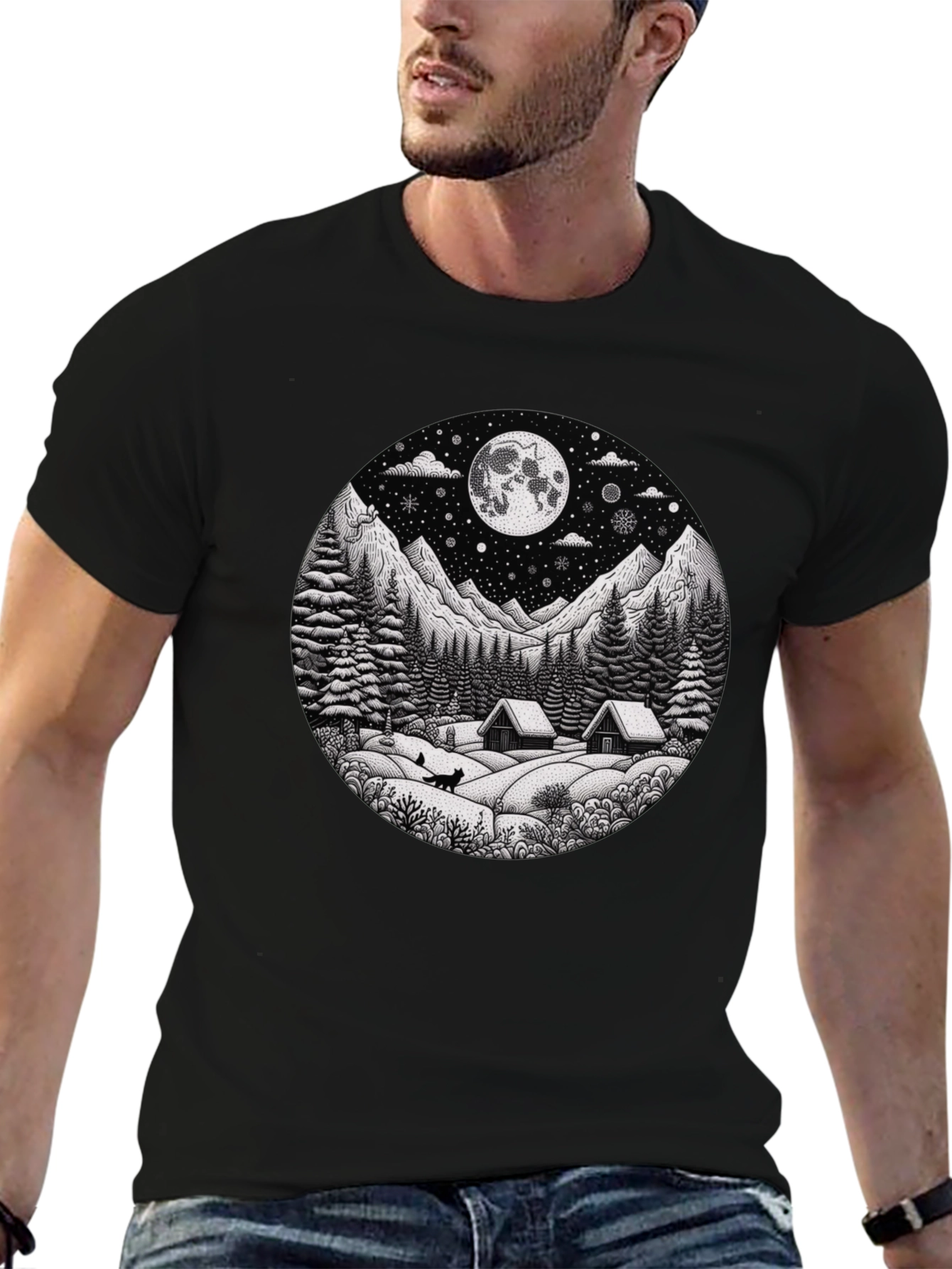 Winter Cabin Moon Graphic T-Shirt