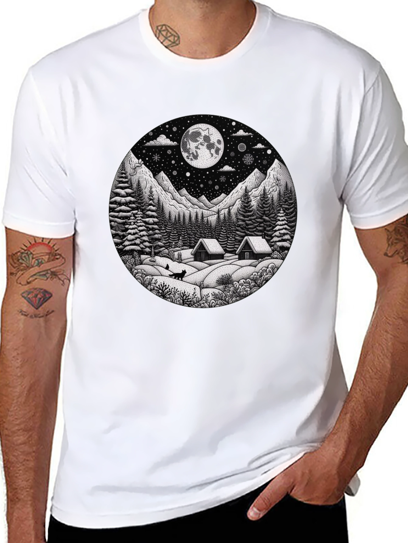 Winter Cabin Moon Graphic T-Shirt