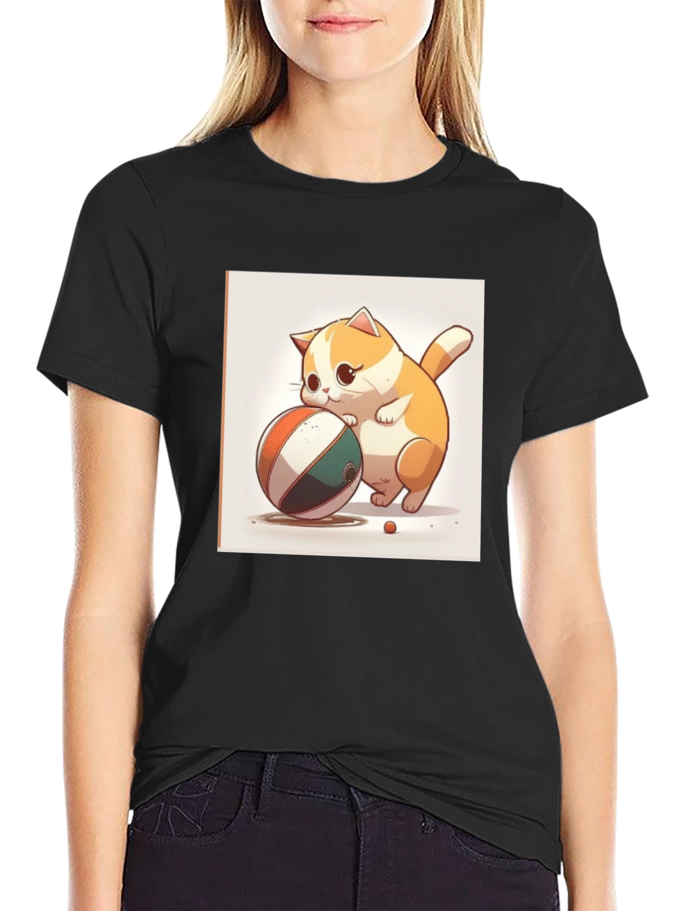 Cute Cartoon Cat with Ball Black T-Shirt