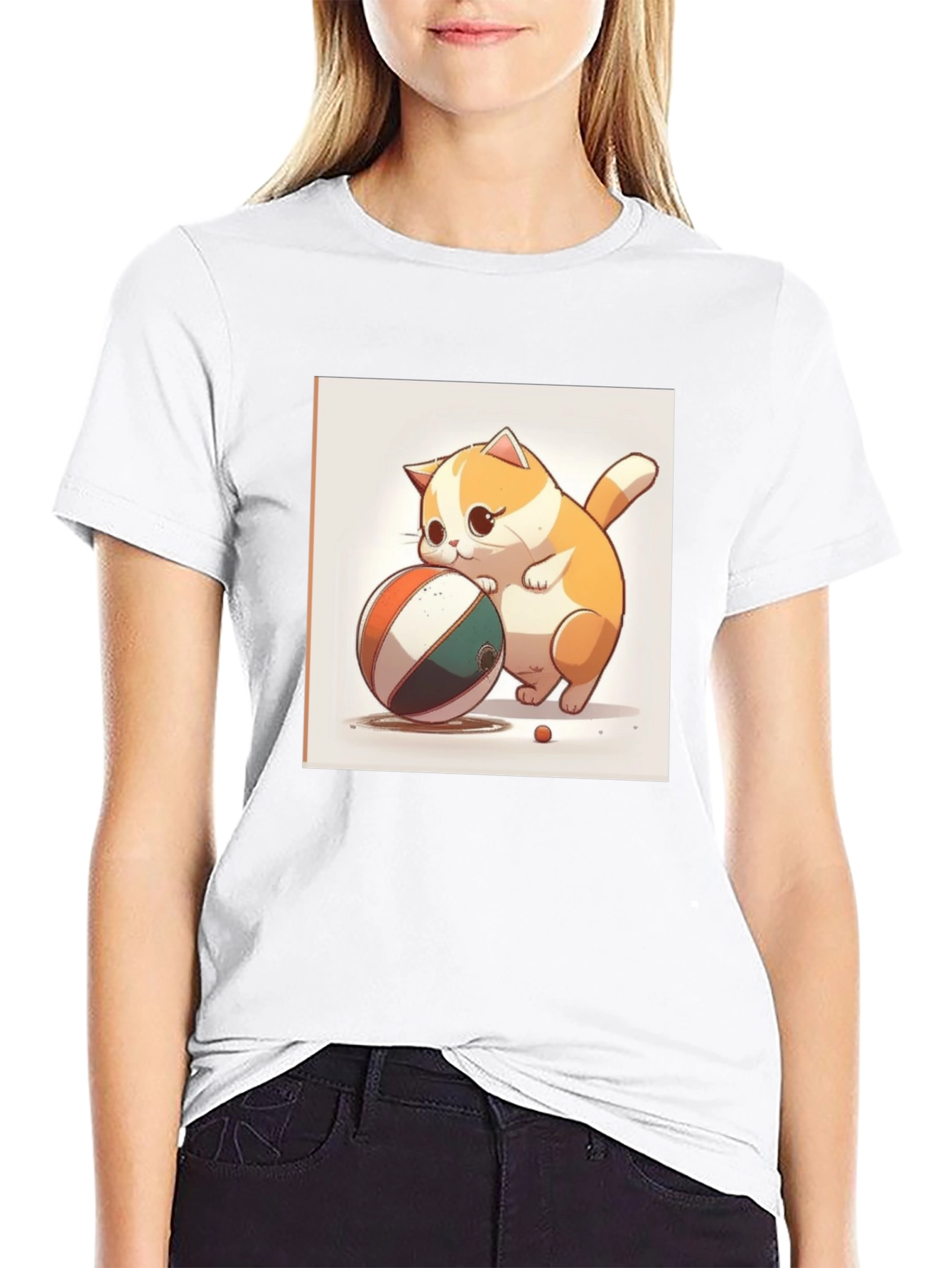 Cute Cartoon Cat with Ball Black T-Shirt