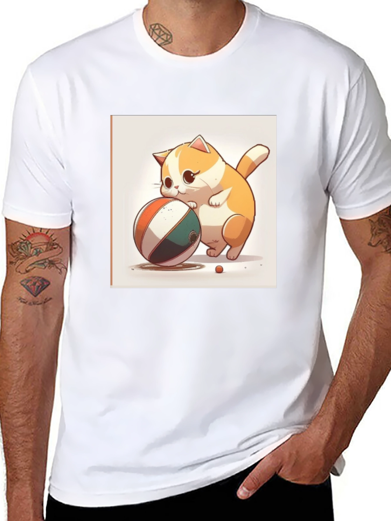 Cute Cartoon Cat with Ball Black T-Shirt