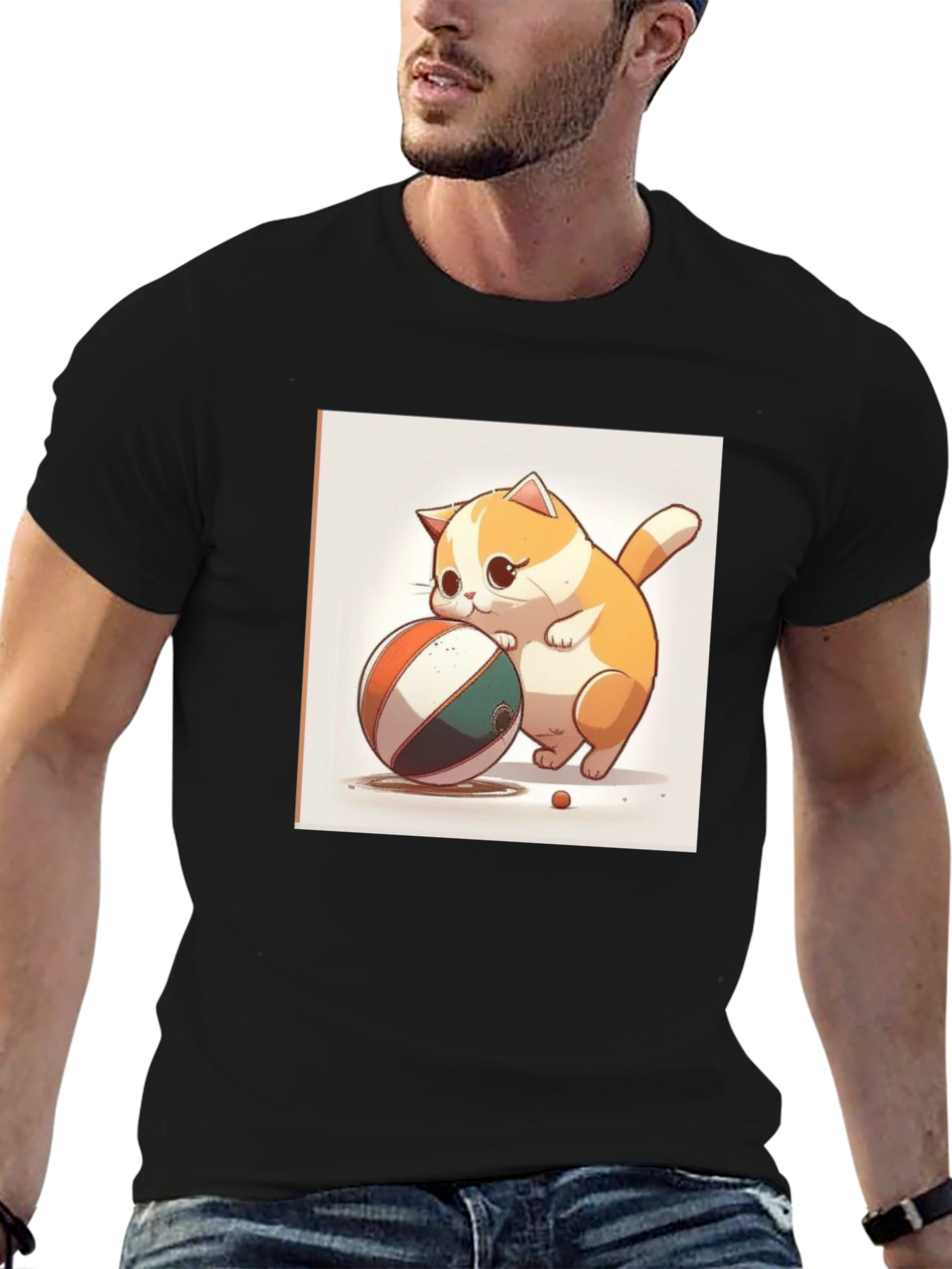 Cute Cartoon Cat with Ball Black T-Shirt