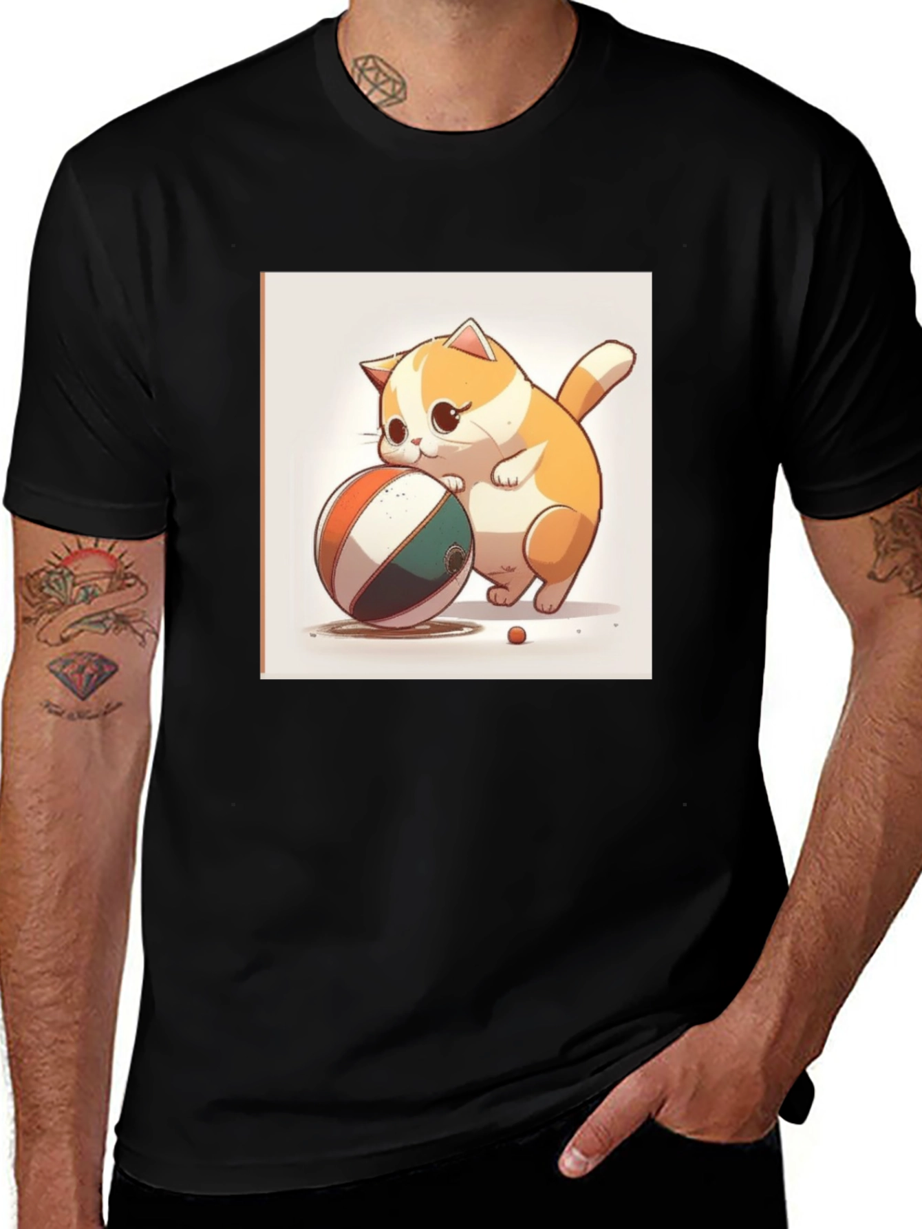 Cute Cartoon Cat with Ball Black T-Shirt