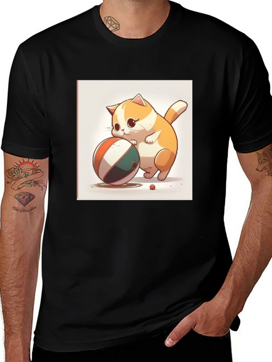 Cute Cartoon Cat with Ball Black T-Shirt