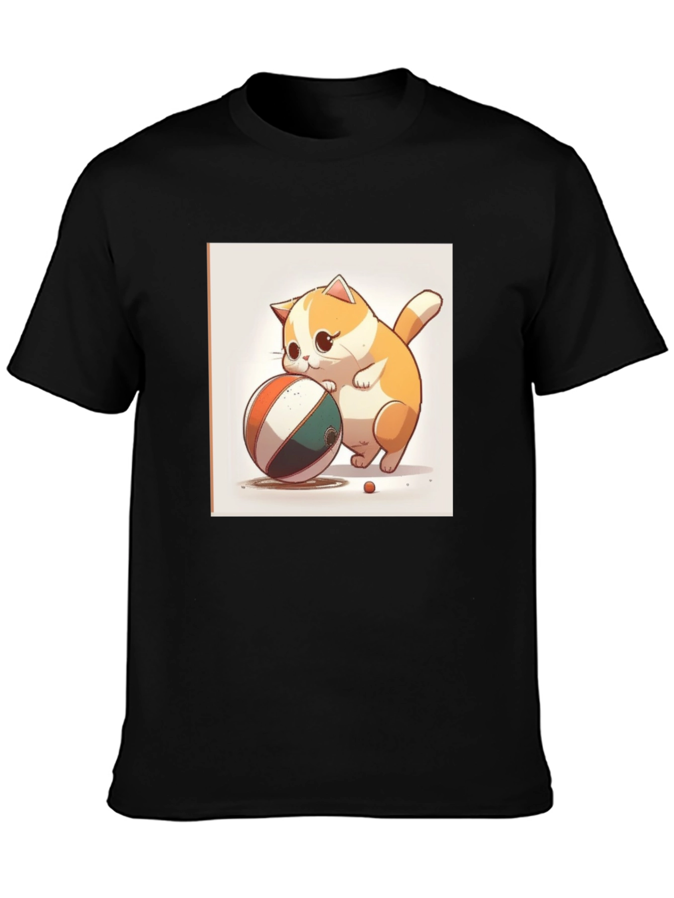 Cute Cartoon Cat with Ball Black T-Shirt