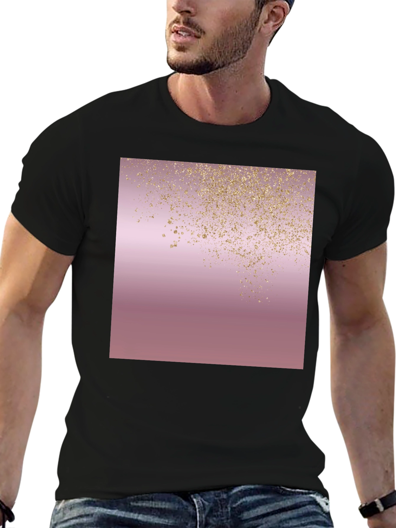 Stylish Black T-Shirt with Rose Gold Glitter Design