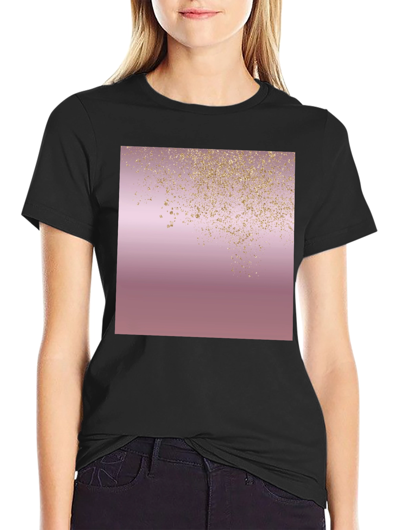 Stylish Black T-Shirt with Rose Gold Glitter Design