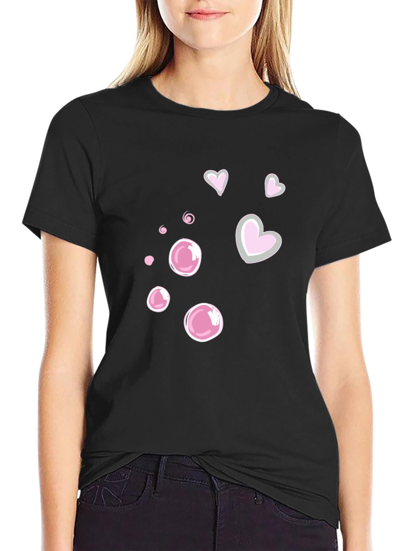 Cute Bubble & Heart Graphic Black Tee