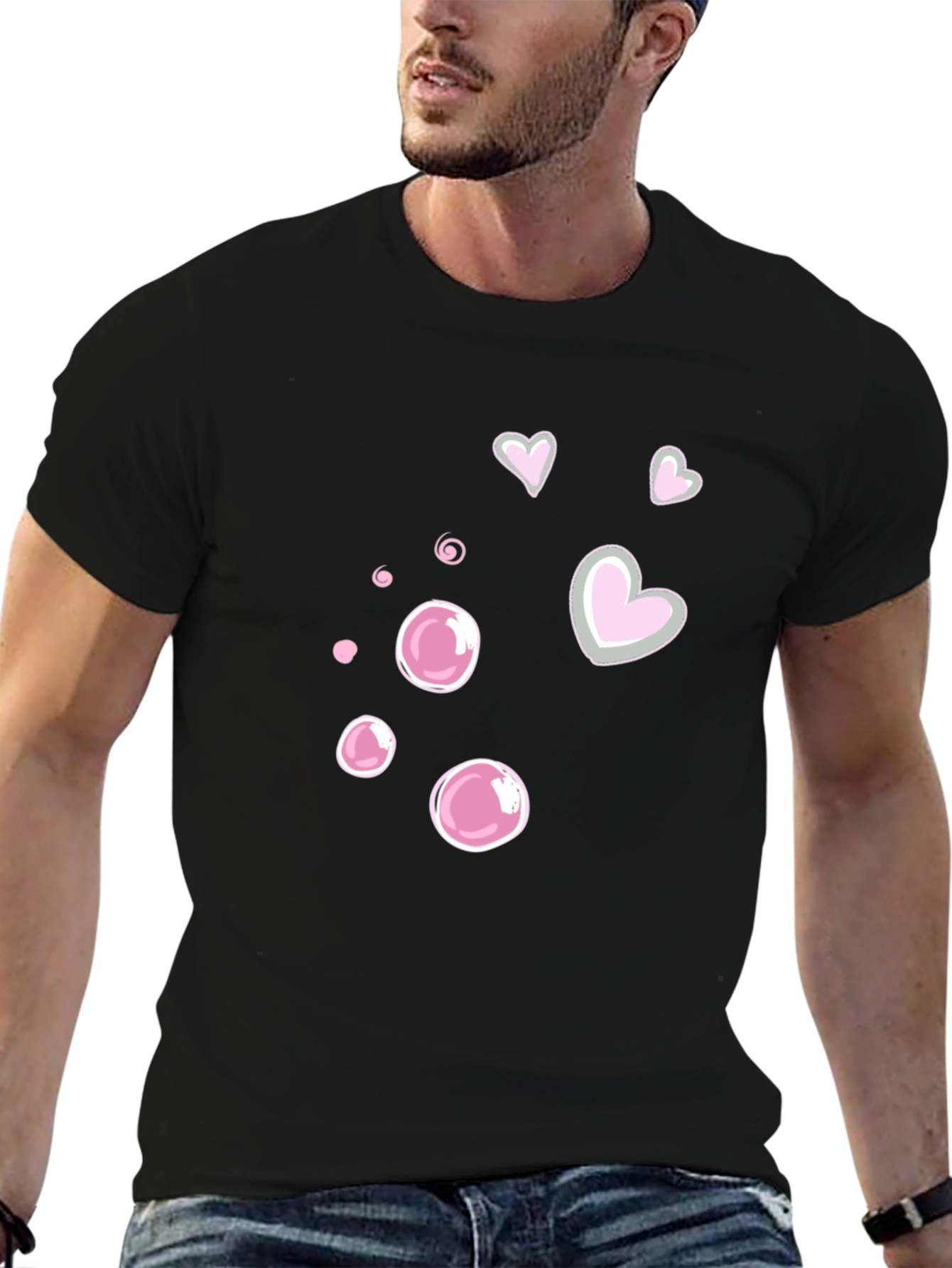 Cute Bubble & Heart Graphic Black Tee