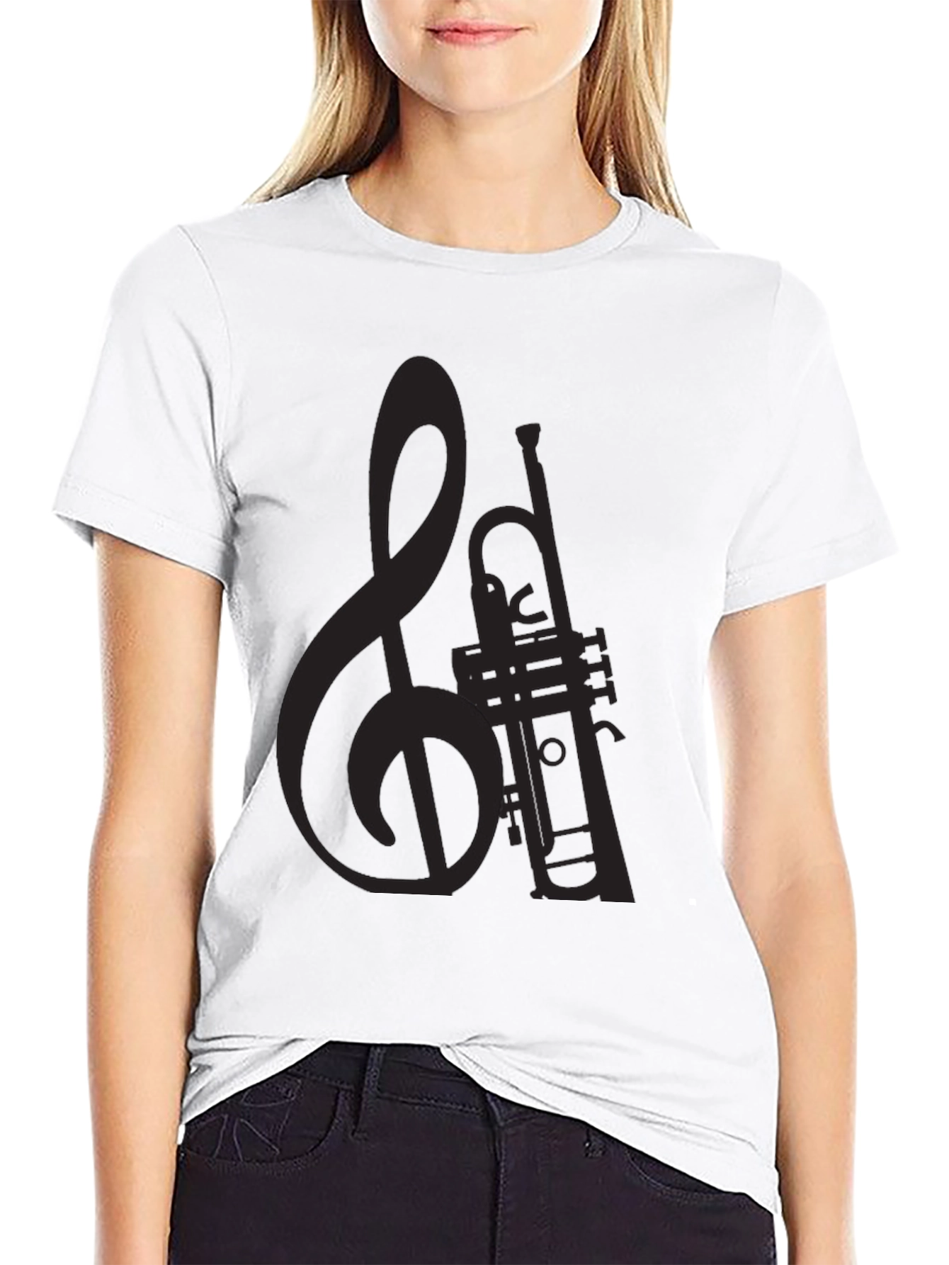 Musical Trumpet & Clef Black Graphic T-Shirt