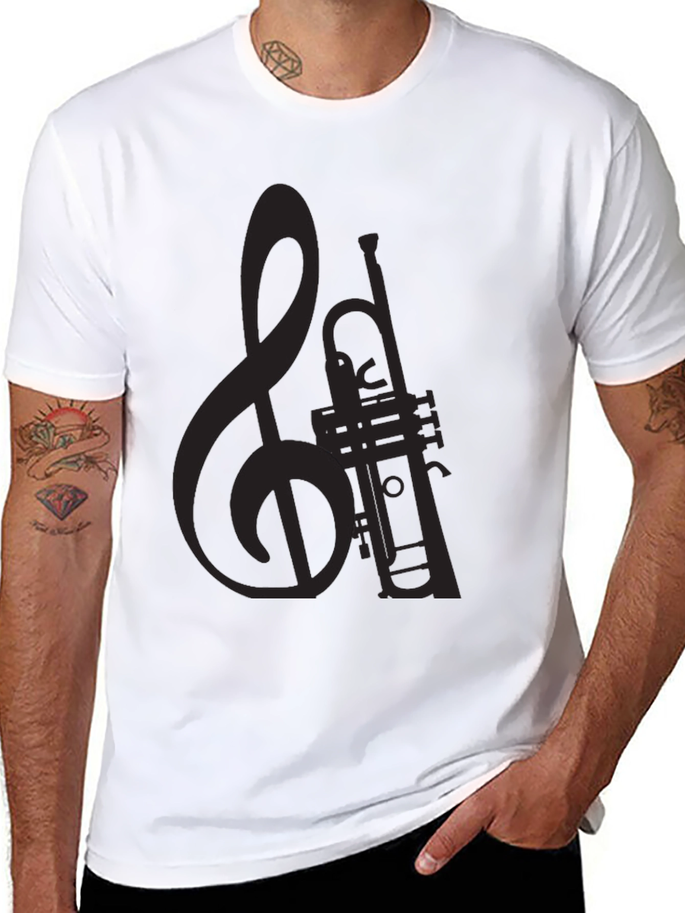 Musical Trumpet & Clef Black Graphic T-Shirt