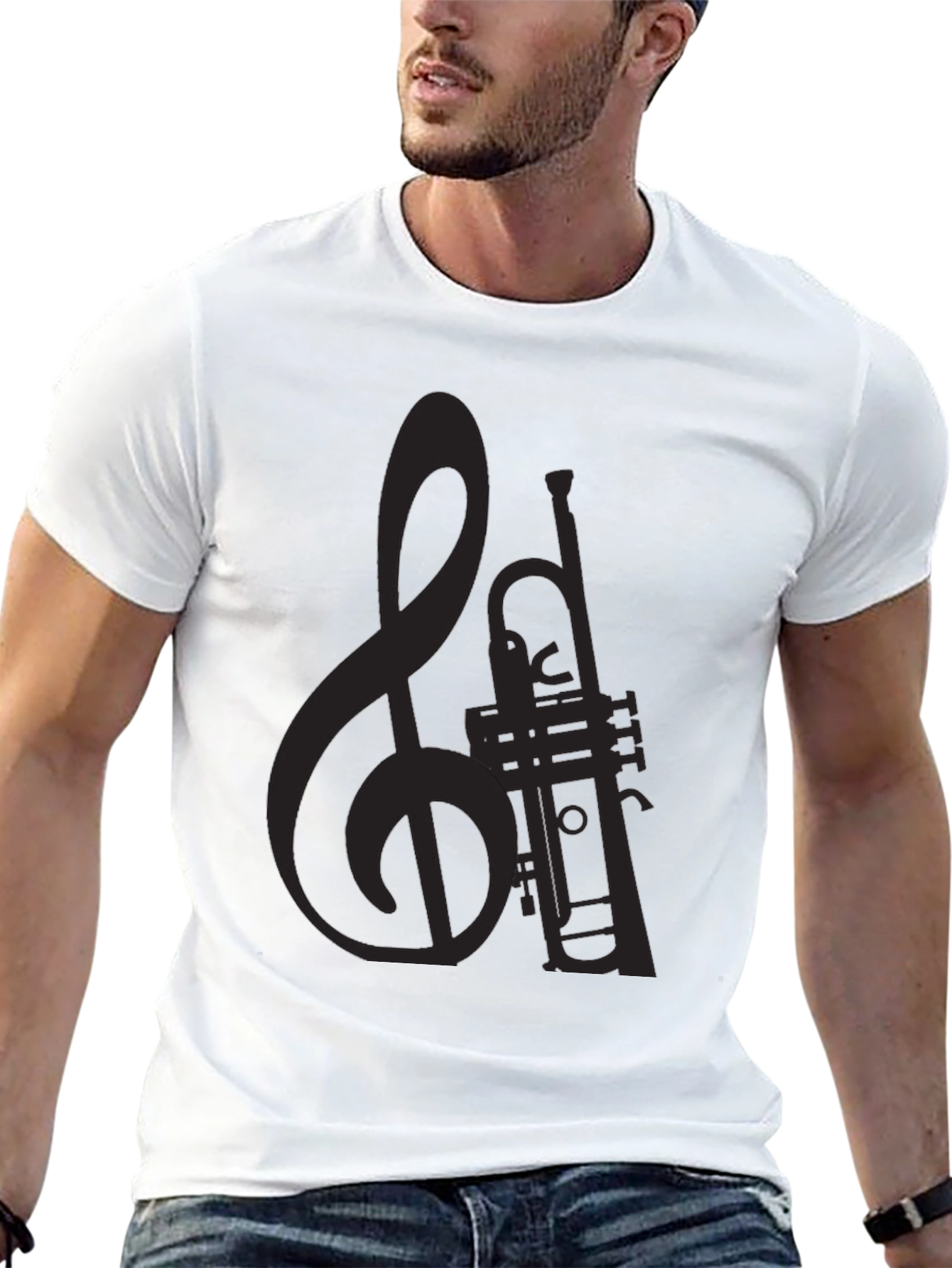 Musical Trumpet & Clef Black Graphic T-Shirt