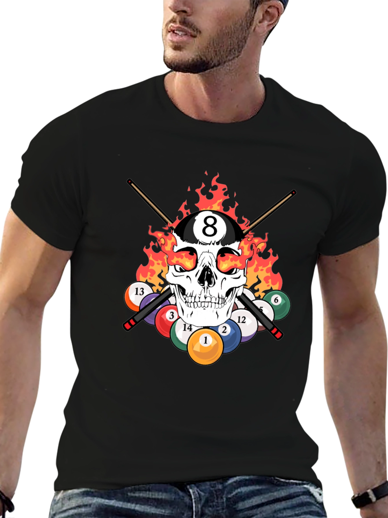 Skull 8 Ball Flames T-Shirt - Billiards Graphic Tee