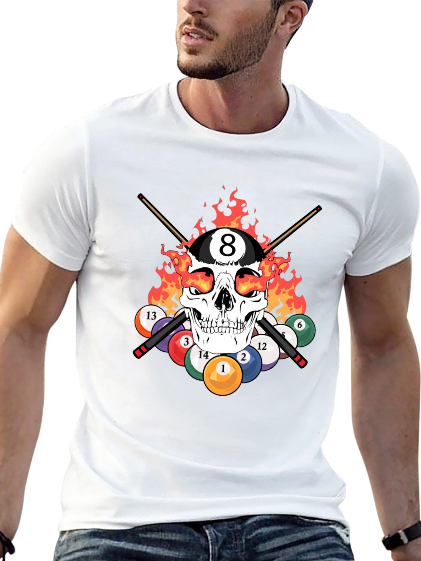 Skull 8 Ball Flames T-Shirt - Billiards Graphic Tee