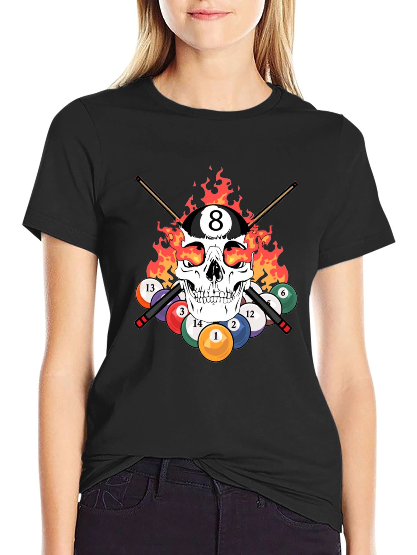 Skull 8 Ball Flames T-Shirt - Billiards Graphic Tee
