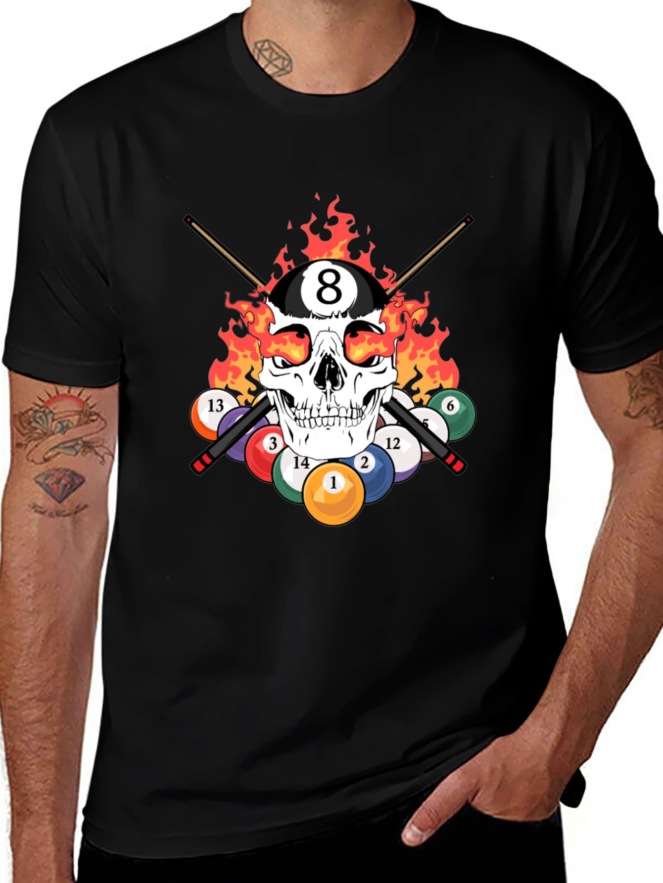 Skull 8 Ball Flames T-Shirt - Billiards Graphic Tee