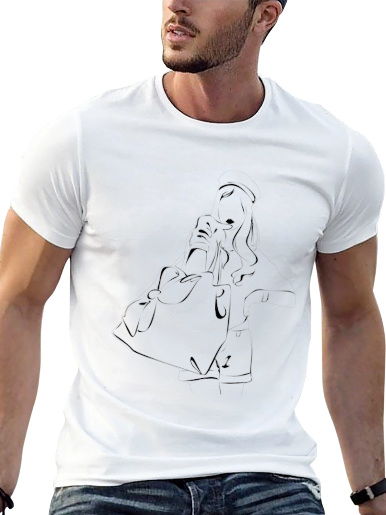 Stylish Black T-Shirt with Artistic Line Art