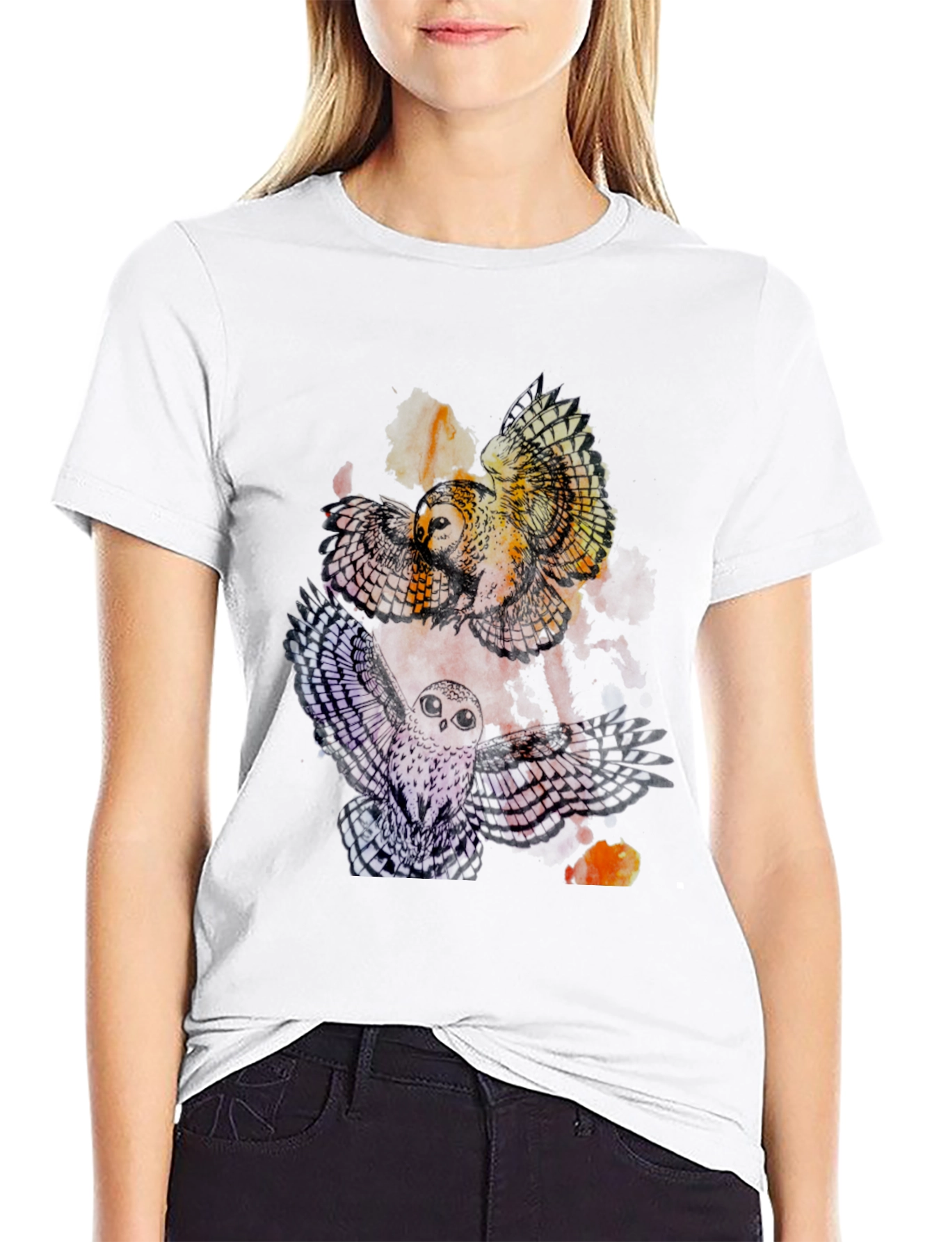 Mens Owl Graphic Print Crew Neck Tee - Black