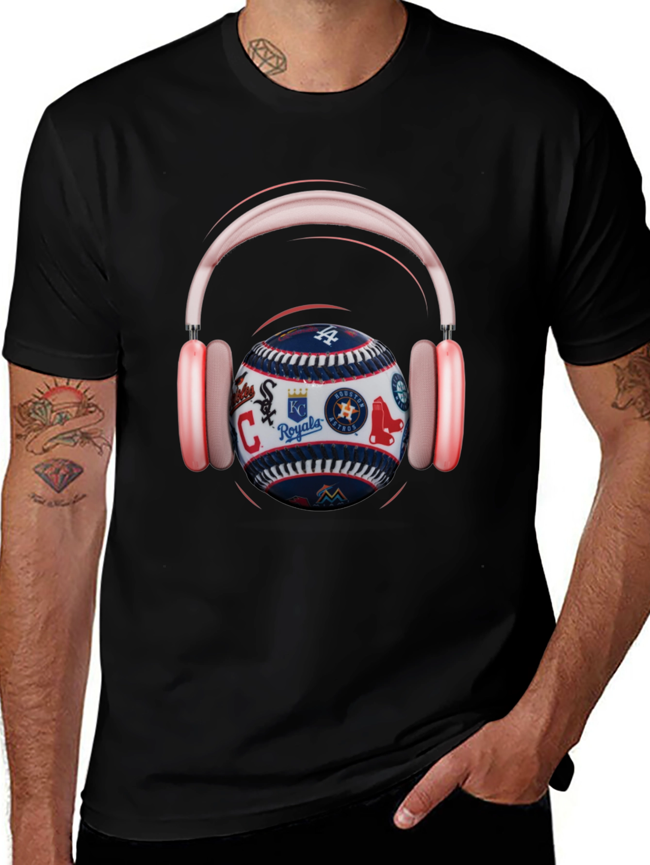 Baseball Teams Logo T-Shirt with Headphones