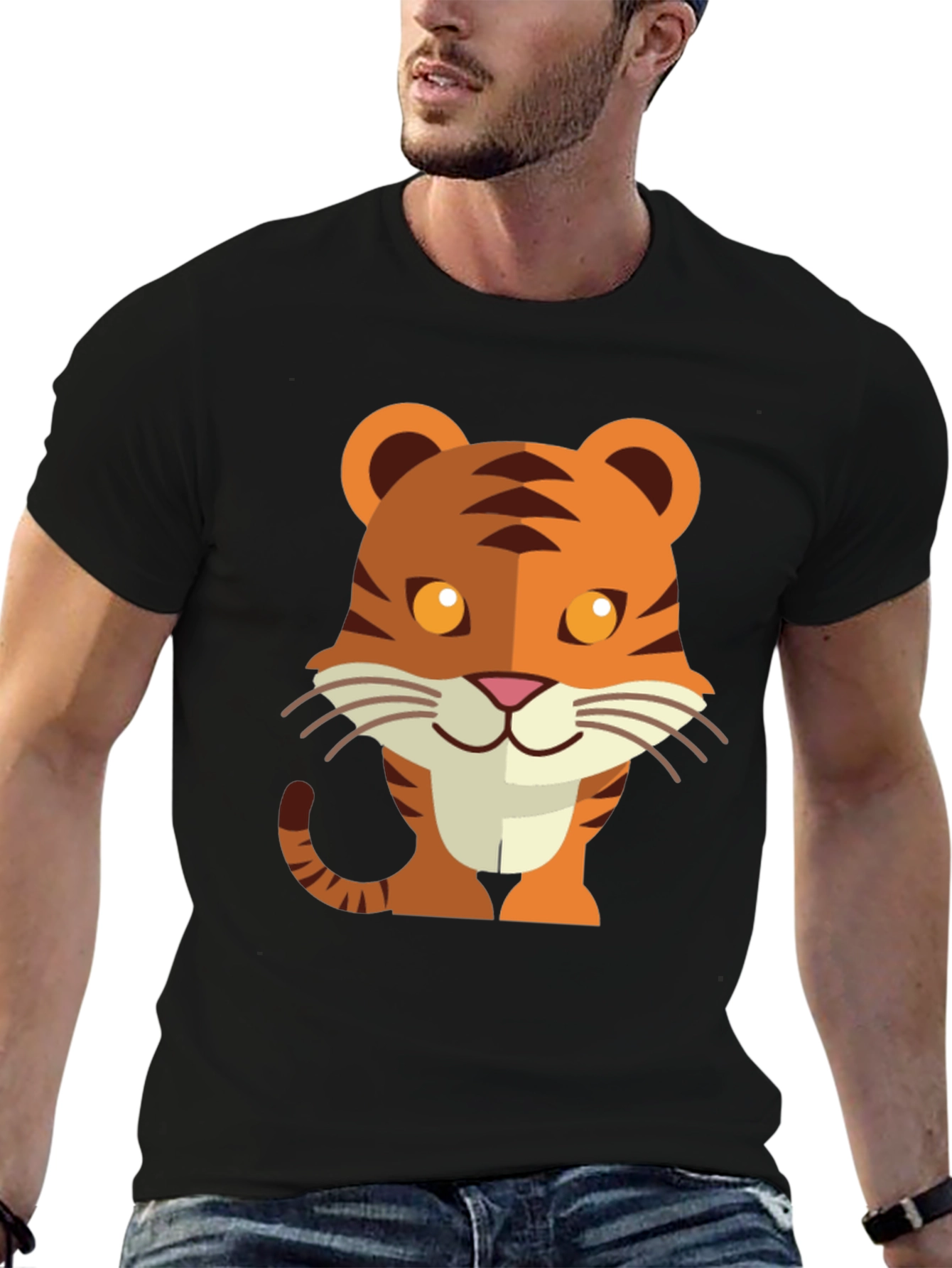Cute Cartoon Tiger Graphic Tee - Unisex Black T-Shirt