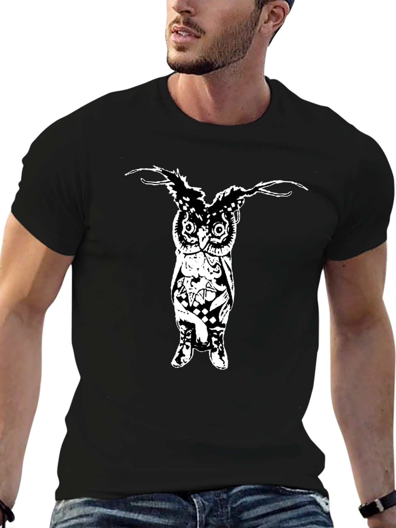Mens Black Graphic T-Shirt - Owl Design